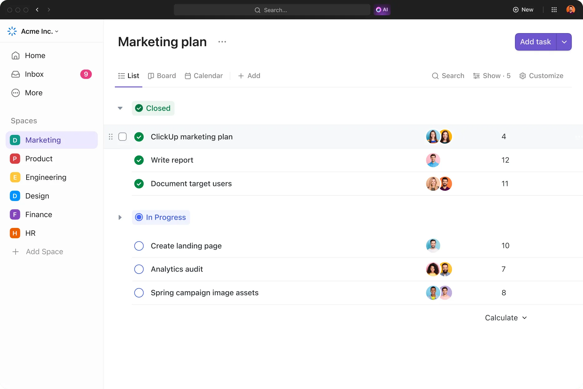 Vistas de ClickUp para crear una lista de control de implementación de SaaS