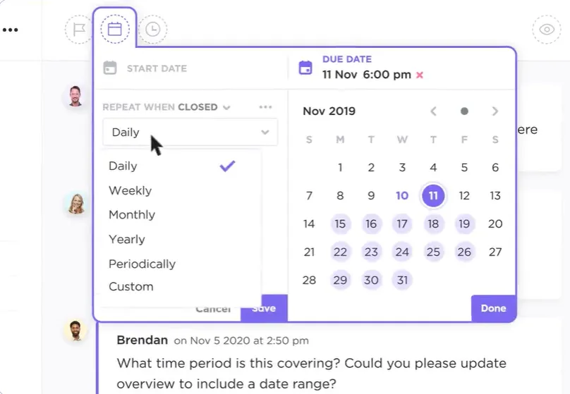 Configurez des réunions récurrentes dans ClickUp avec des options de répétition flexibles telles que des cycles quotidiens, hebdomadaires, mensuels ou personnalisés : Agenda de la réunion