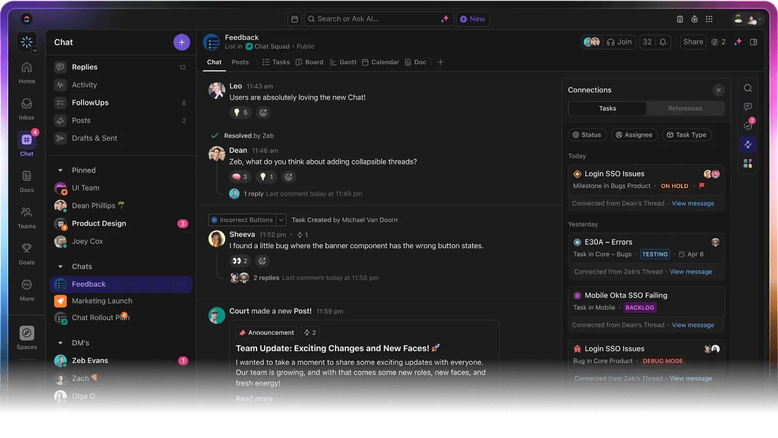 Comunique-se de forma eficaz com o ClickUp Chat para normas de grupo.