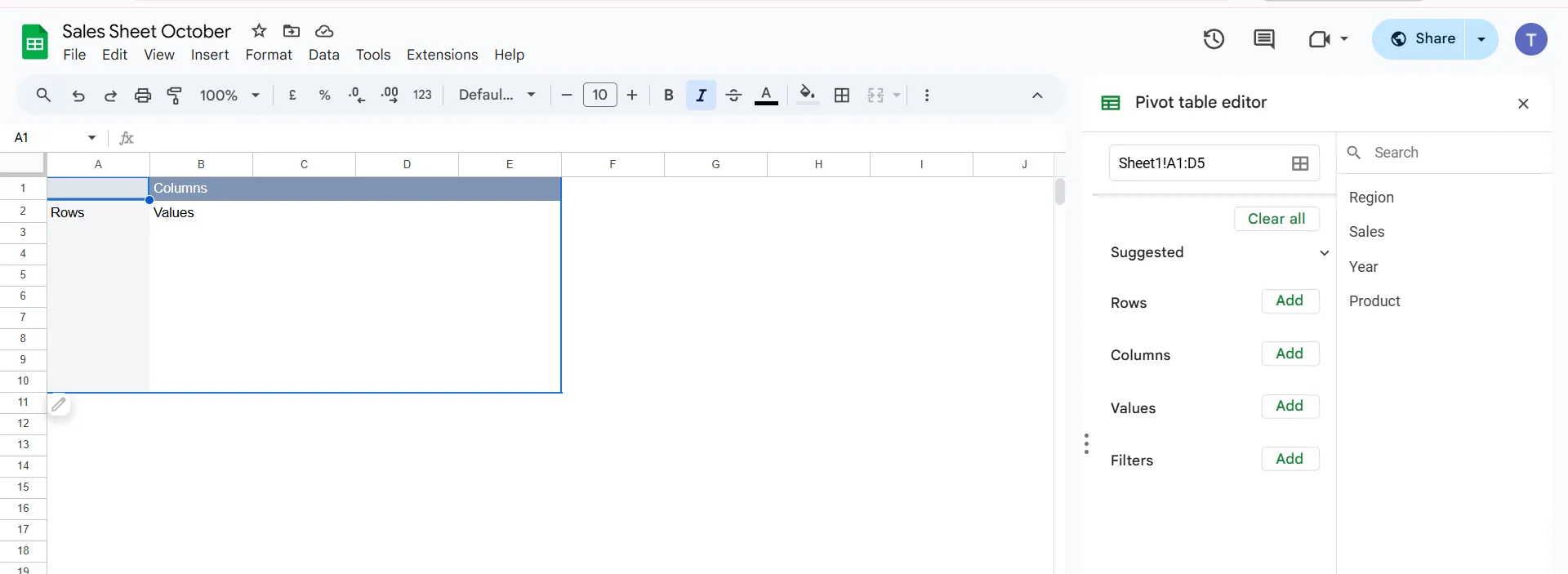Pivottabelle in Google Tabellen erstellen: Platzieren Sie die Pivottabelle
