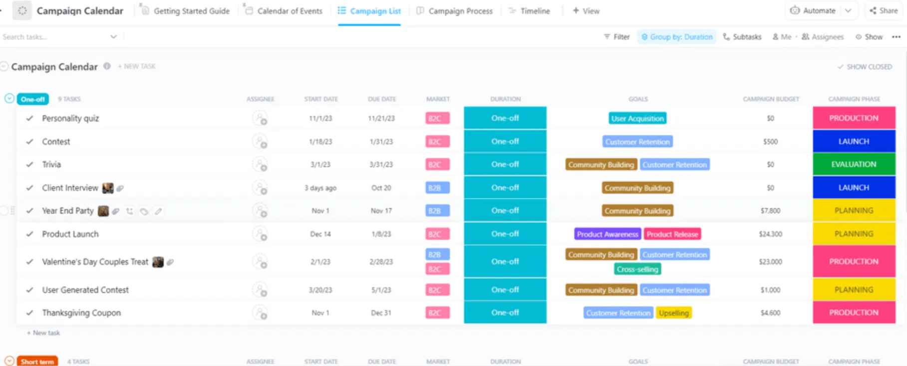 Calendario delle campagne sui social media di ClickUp