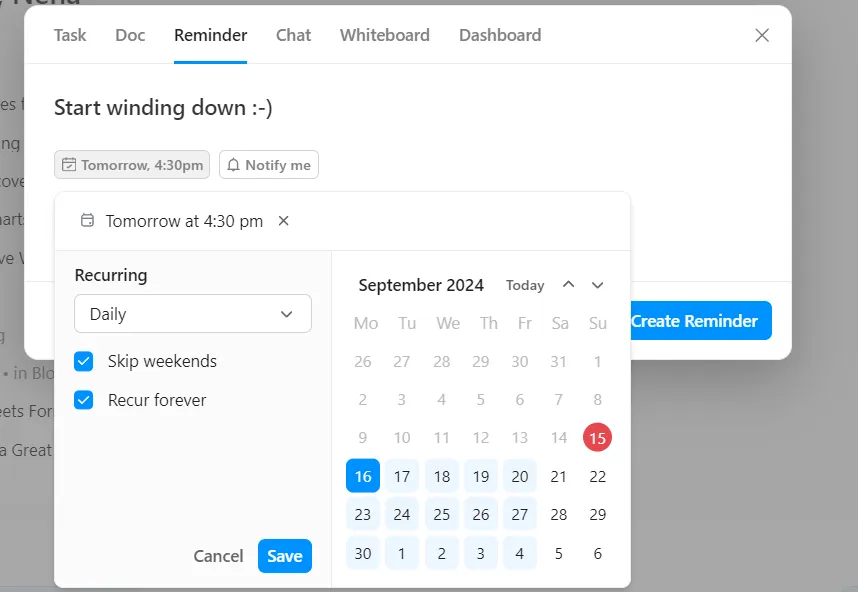Come riprendersi dal burnout: imposta dei promemoria in ClickUp per ridurre il carico cognitivo.