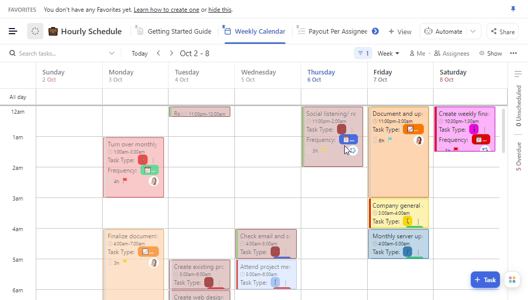 เทมเพลตตารางเวลาแบบรายชั่วโมงของ ClickUp
