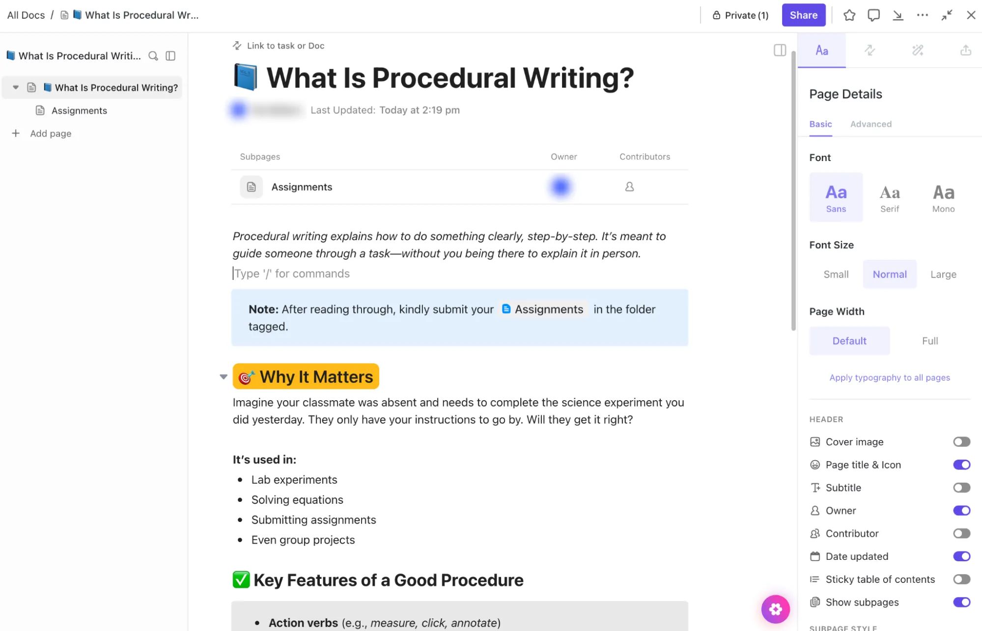 สร้างคู่มือห้องเรียนแบบโต้ตอบโดยใช้ ClickUp Docs: การเขียนเชิงขั้นตอน