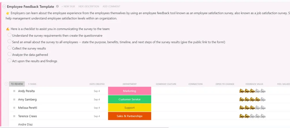 Modèle de feedback des employés ClickUp