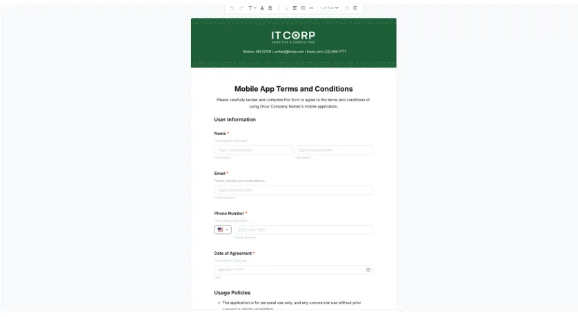 Modelo de termos e condições para aplicativos móveis da Template.Net