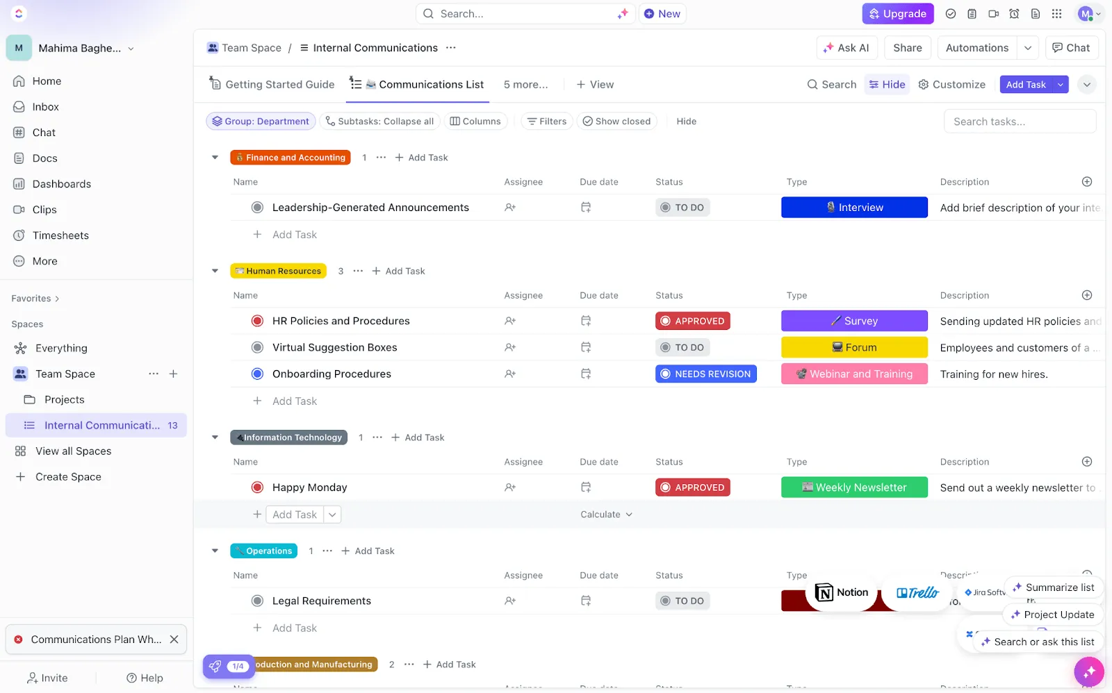 ติดตามความคืบหน้าของงานโดยใช้เทมเพลตการสื่อสารภายในของ ClickUp