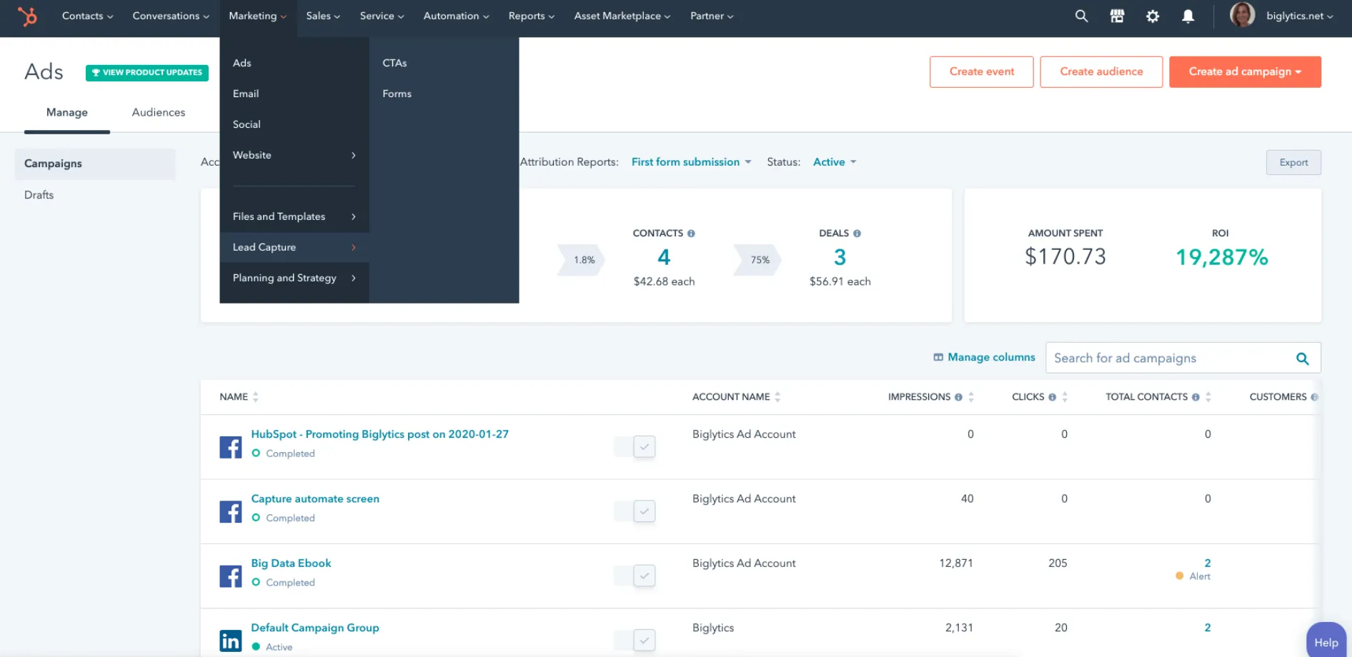 Beispiel für das Dashboard von HubSpot für Marketingmanagement-Aufgaben