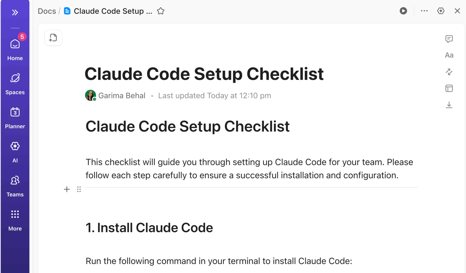 أنشئ مستندات إعداد مشتركة للأدوات الرئيسية في ClickUp Docs حتى يتمكن الجميع من تثبيتها بنفس الطريقة: كيفية استخدام Claude لتصحيح الأخطاء البرمجية