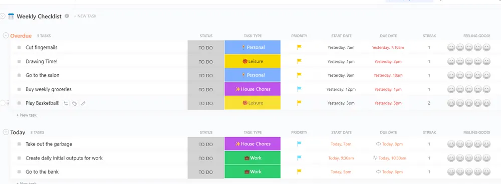 Modello di lista di controllo settimanale ClickUp