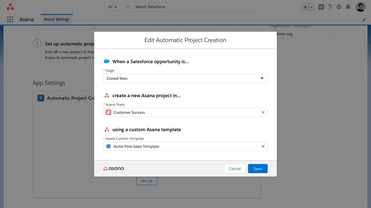 Asana Automatización Función de creación de proyectos