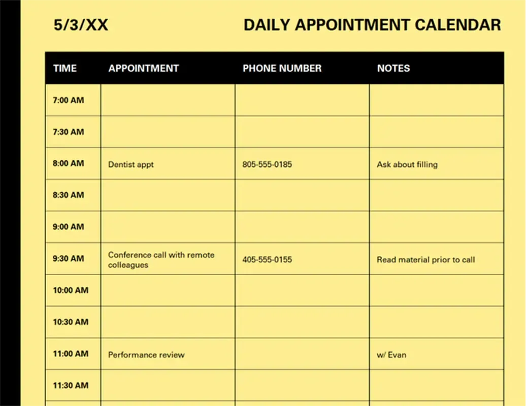 Modèle de calendrier des rendez-vous quotidiens par Microsoft