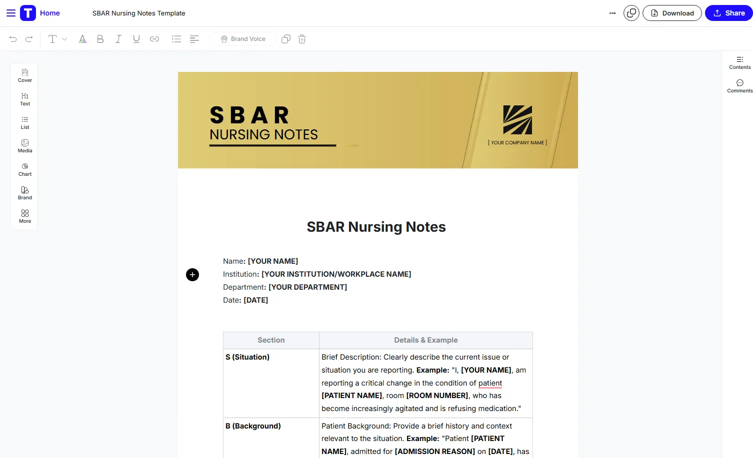 Шаблон за медицински бележки SBAR от Template.Net