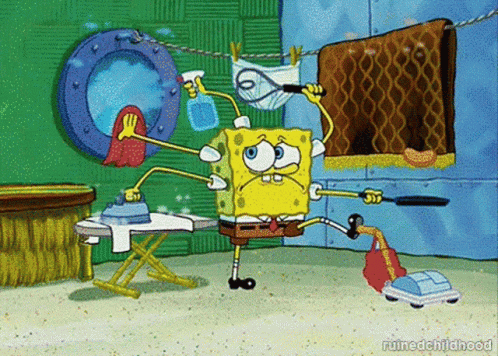 Bob Esponja realizando várias tarefas ao mesmo tempo