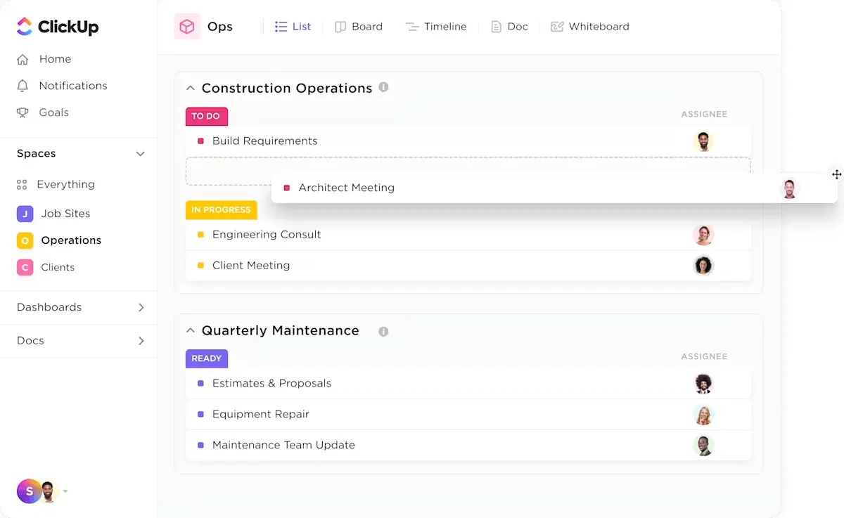 Planifiez, gérez et suivez vos projets de construction, de la prévente à la livraison en passant par la conception, le tout en un seul endroit dans ClickUp
