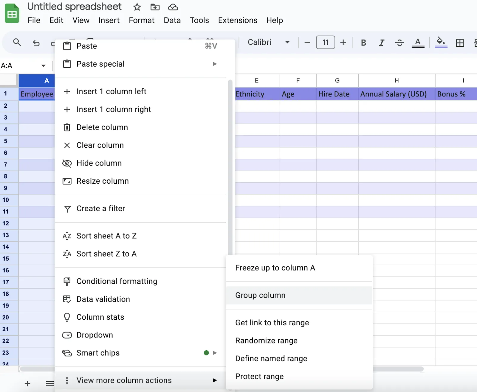 Como criar uma tabela no Google Sheets - Torne sua tabela recolhível