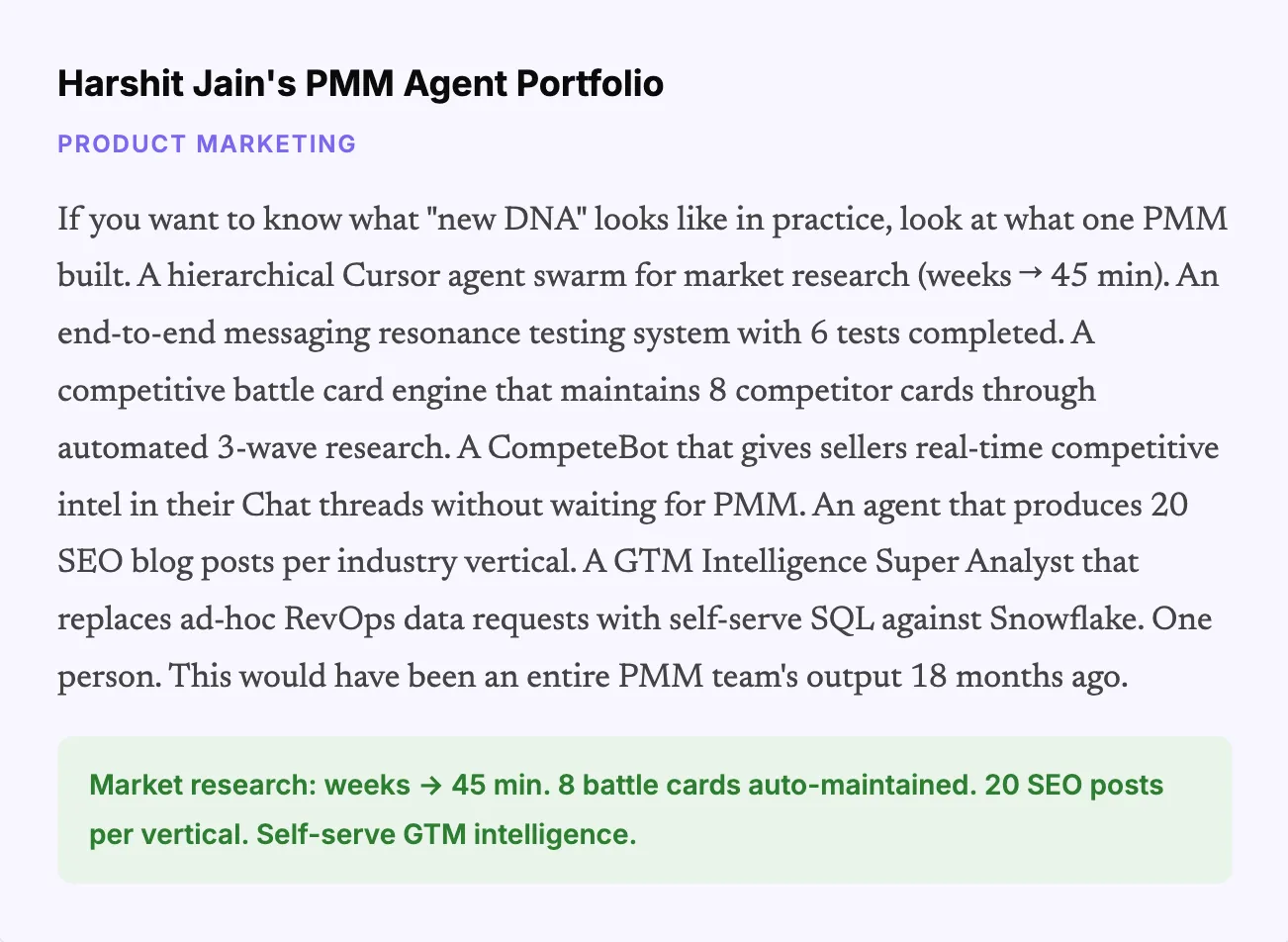 Seperti apa "DNA baru" itu: seorang PMM membangun sekelompok agen Cursor, mesin battle card, CompeteBot, dan GTM Intelligence Super Analyst—hasil yang 18 bulan lalu akan membutuhkan satu tim penuh untuk menyelesaikannya
