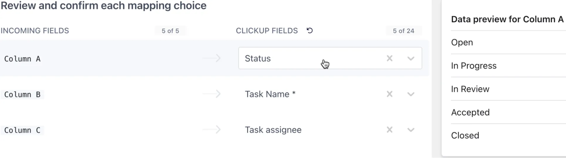 قم بتعيين قيم القائمة المنسدلة مثل علامات حالة المكلفين لمواءمة حقول Airtable مع خيارات ClickUp