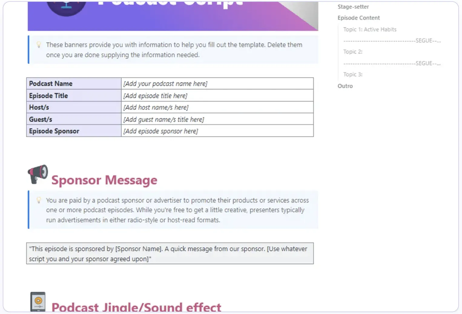Assurez-vous que votre contenu est clair et bien modifié grâce au modèle de script de podcast ClickUp.