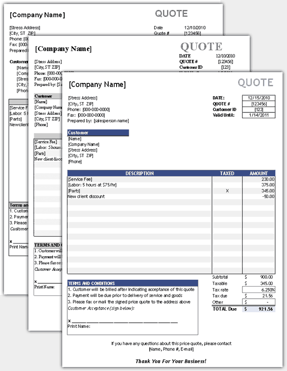 Modelo de cotação em Excel
