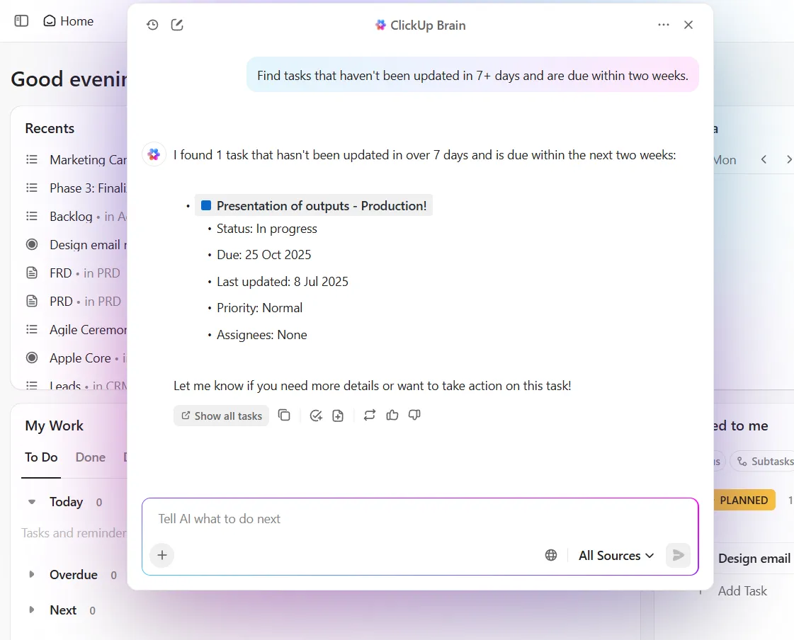 ClickUp Brain: Erstellen Sie Pläne für Projekte und führen Sie die Nachverfolgung von Statusänderungen durch