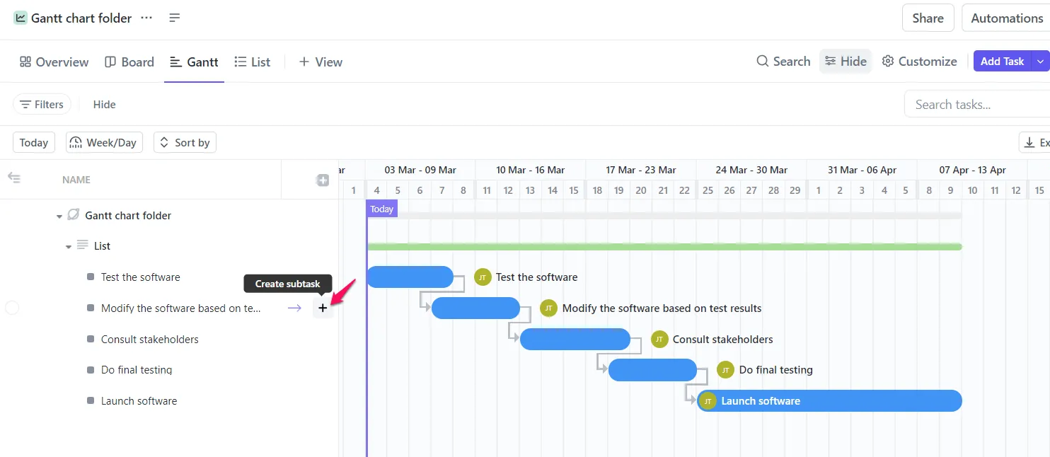 Unteraufgaben in einem ClickUp-Gantt-Diagramm