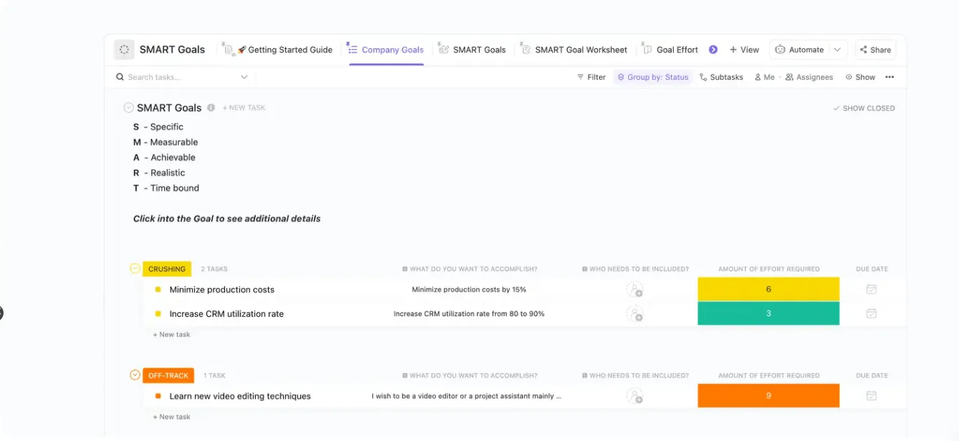 ติดตามเป้าหมายของคุณด้วยเทมเพลตเป้าหมาย SMART ของ ClickUp