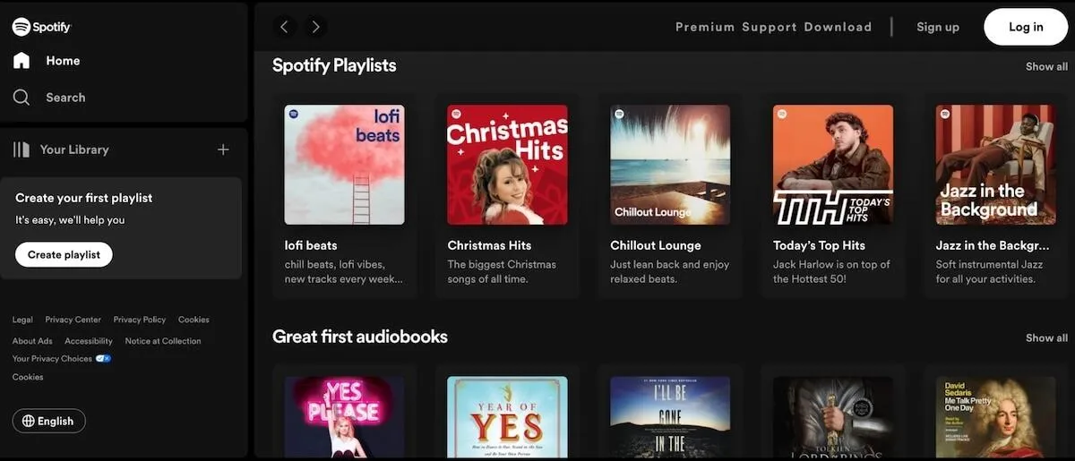Page d'accueil de Spotify