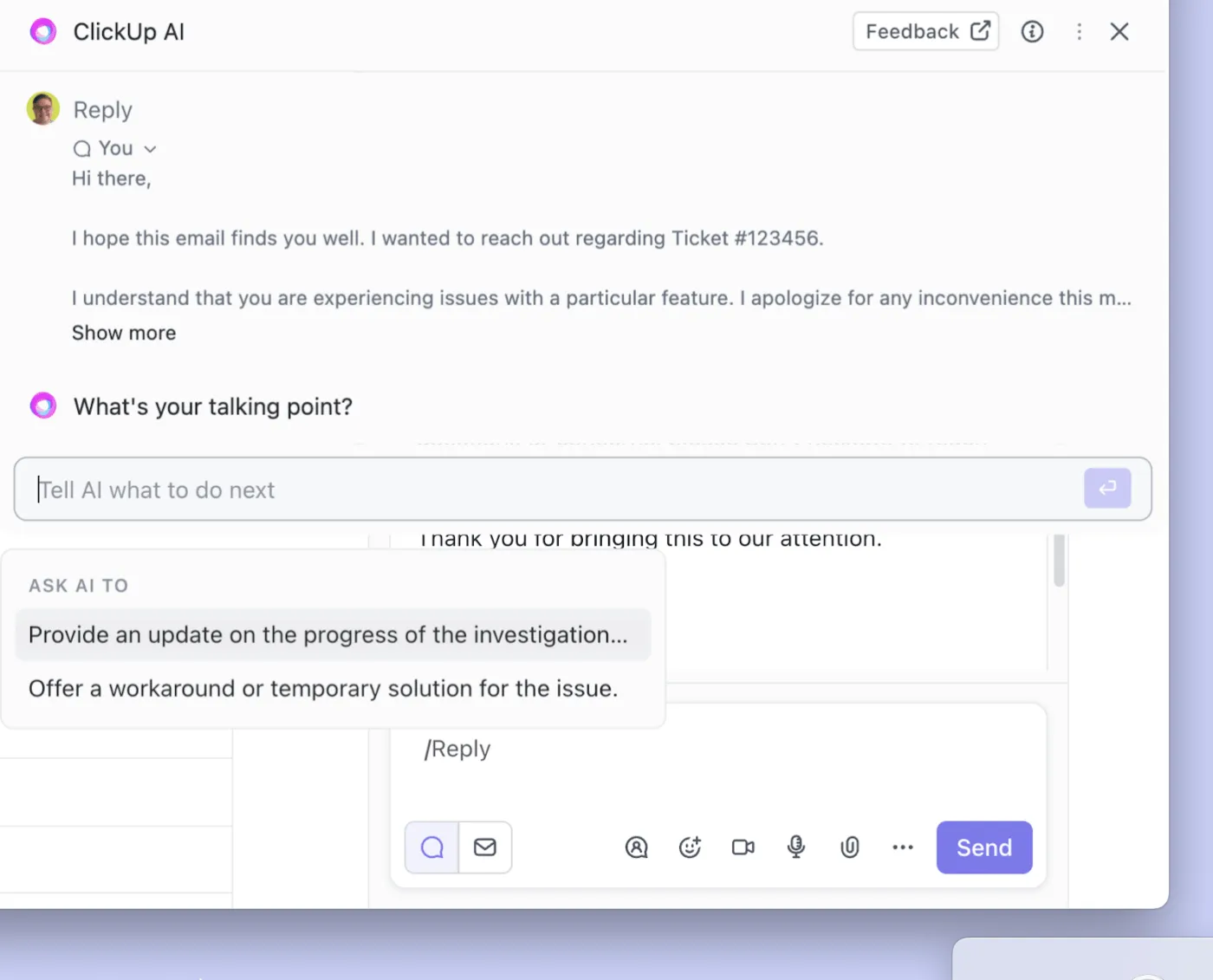Répondez avec ClickUp AI lorsque vous recevez une réponse à votre e-mail.