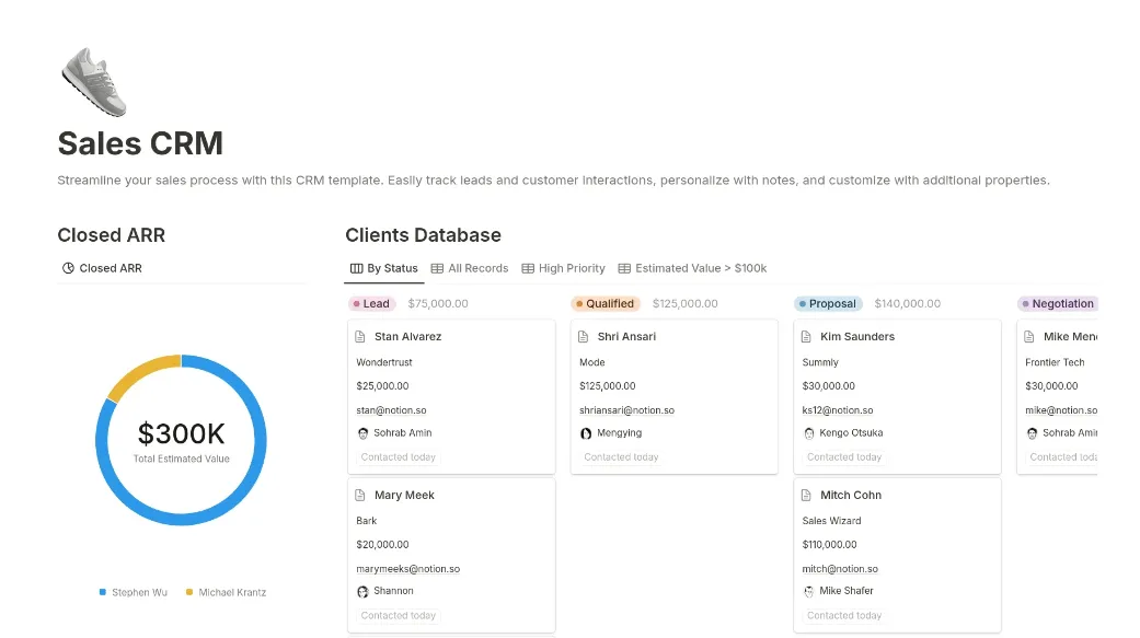 Notion értékesítési CRM sablon