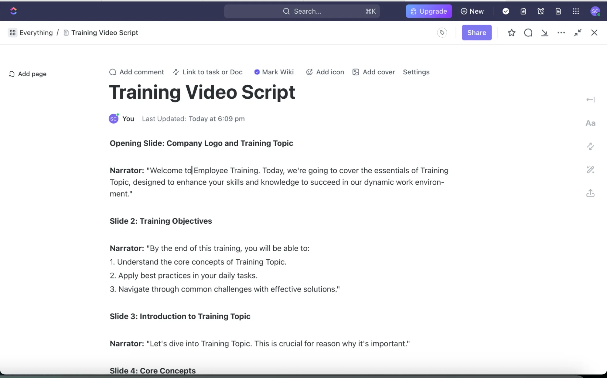Use o ClickUp AI para escrever roteiros eficazes para vídeos de treinamento no ClickUp Docs.