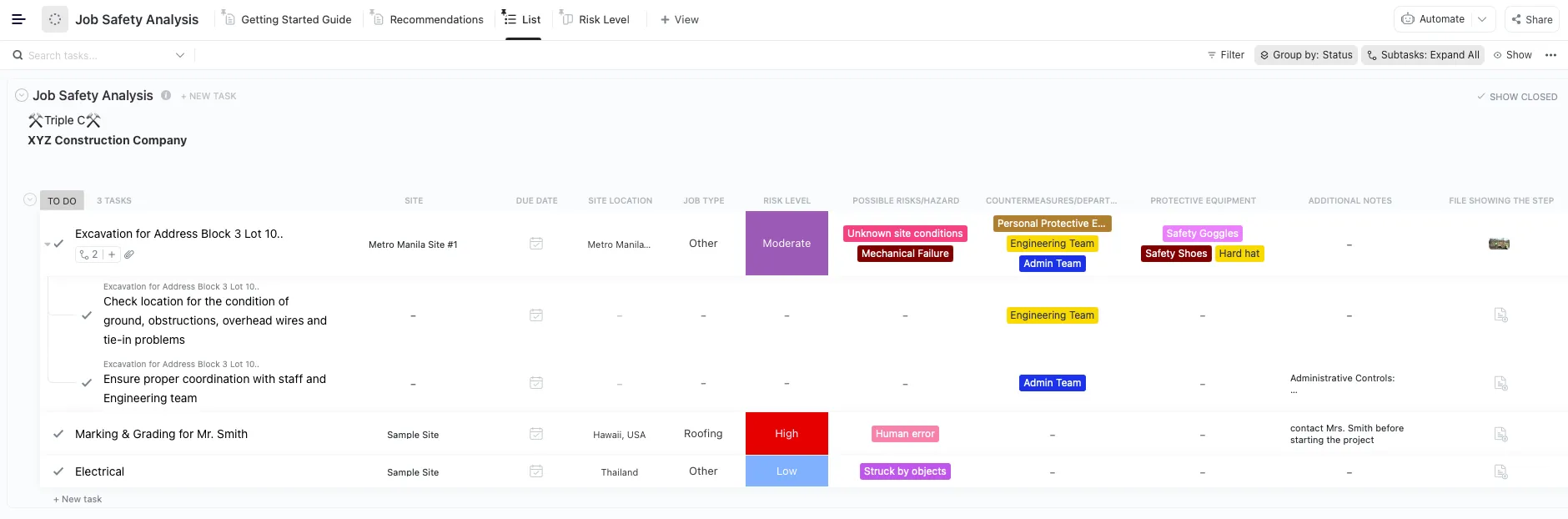 Crea un plan viable para minimizar los riesgos para la salud y la seguridad en ClickUp.