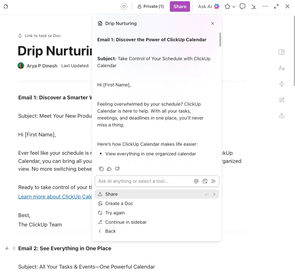 Trabalhe com seu assistente de IA diretamente no ClickUp Docs. Não são necessárias etapas adicionais. Basta perguntar à IA!