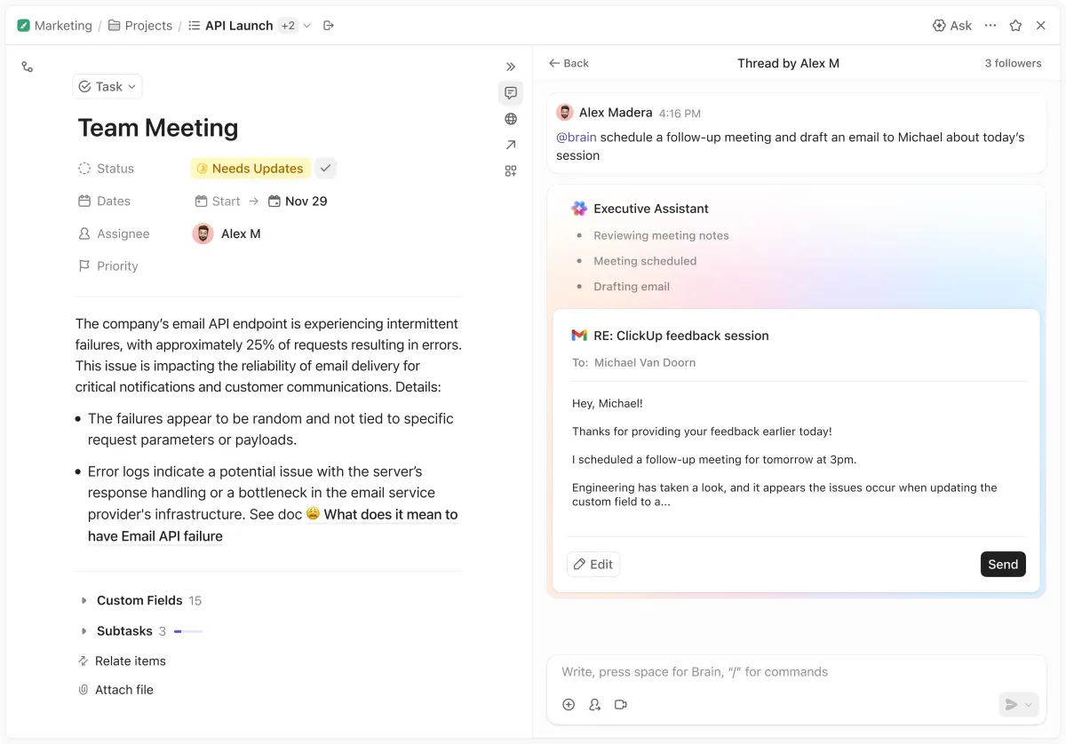 ClickUp Brain : investissez dans une IA intégrée à votre environnement de travail et dotée d'un contexte pertinent.
