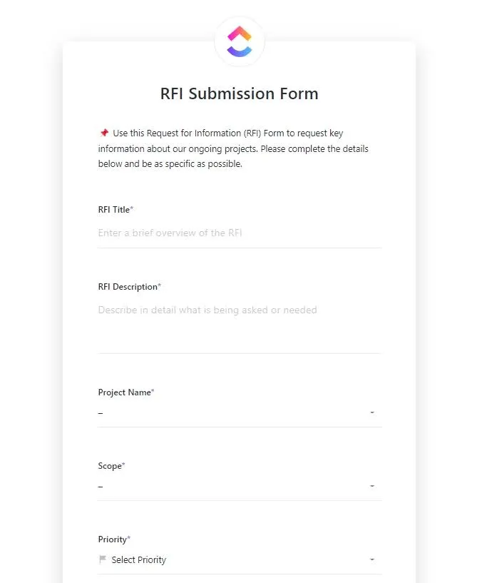 Modèle de demande d'informations ClickUp : collectez, organisez et répondez efficacement aux demandes d'informations pour vos projets.
