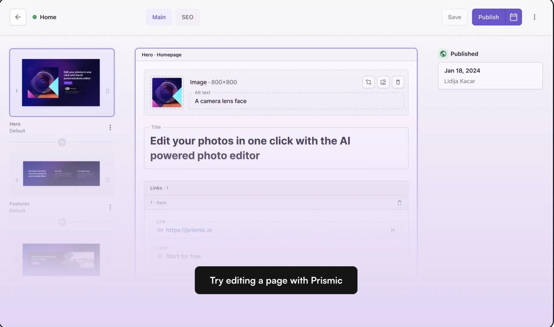 Prismic (ideale per la gestione dei contenuti incentrata sul marketing)