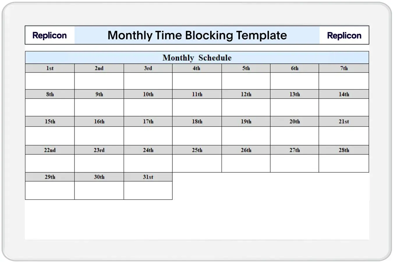 Mẫu phân chia thời gian hàng tháng trong Excel của Replicon