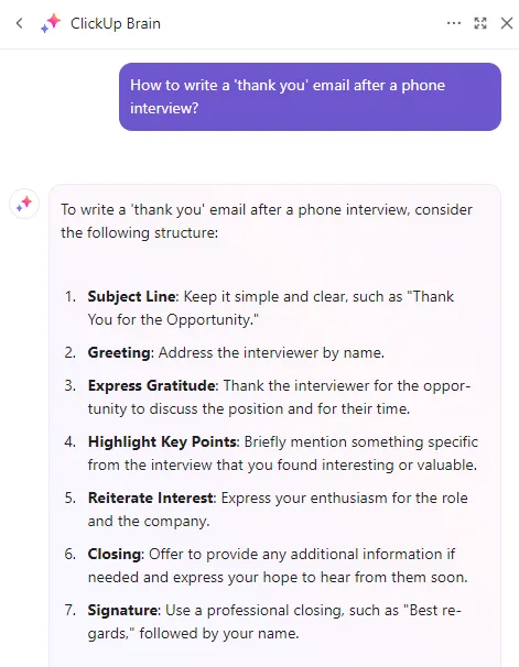 Usa ClickUp Brain per scrivere un'email di ringraziamento dopo un colloquio telefonico.
