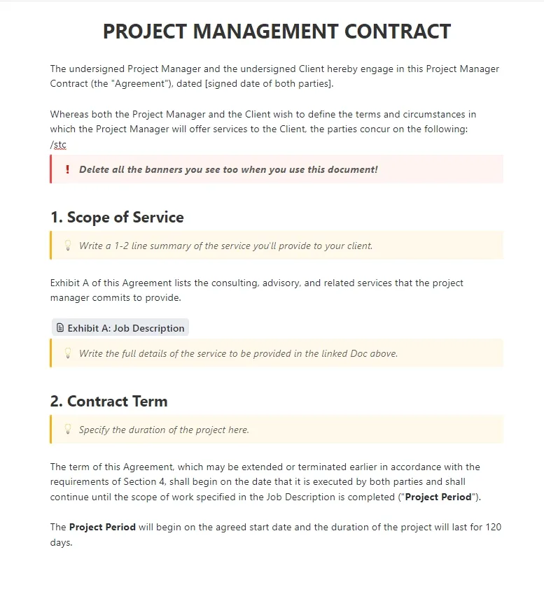 Modello di contratto di servizi di project management ClickUp