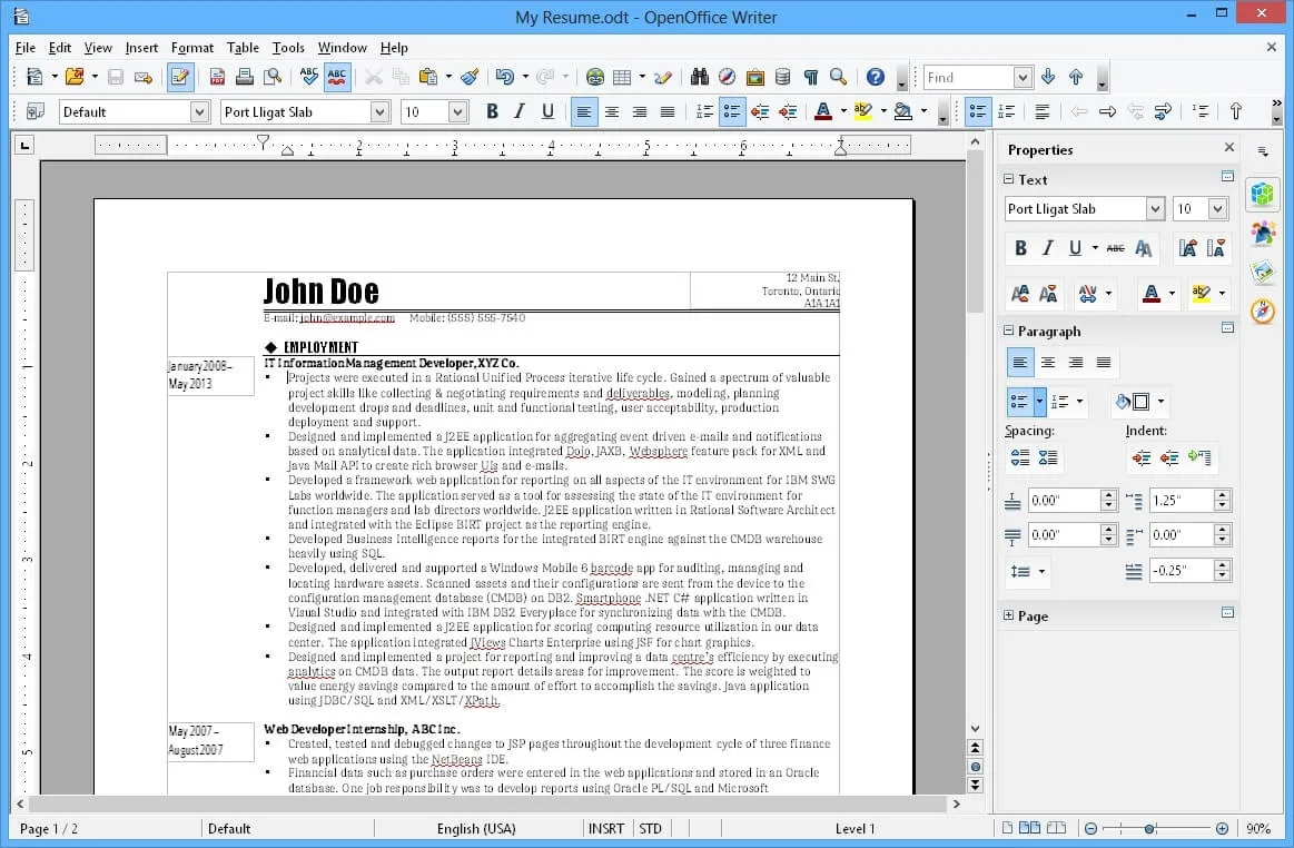 Ví dụ về tài liệu được chỉnh sửa trong Apache OpenOffice