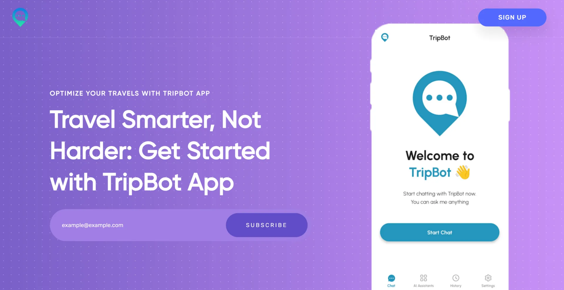 A TripBot alkalmazás kezdőlapja