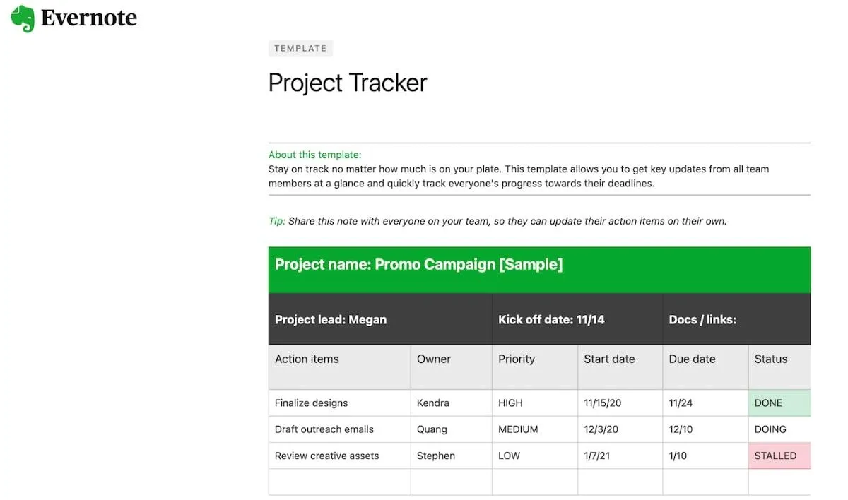 Evernote-Vorlagen: Evernote-Vorlage für Verfolgung von Projekten