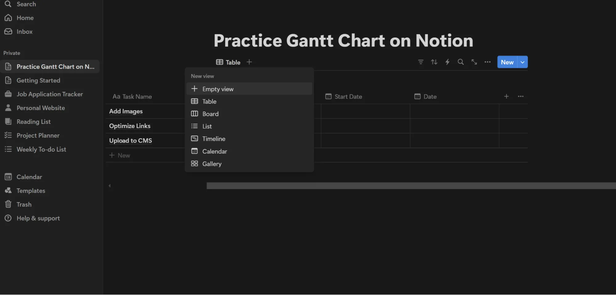 Bước 3 để tạo biểu đồ Gantt trên Notion
