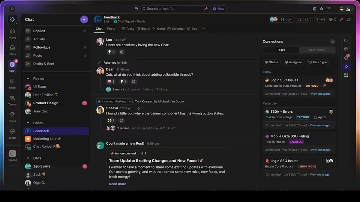 راسل فريقك وحوّل القرارات إلى إجراءات باستخدام ClickUp Chat