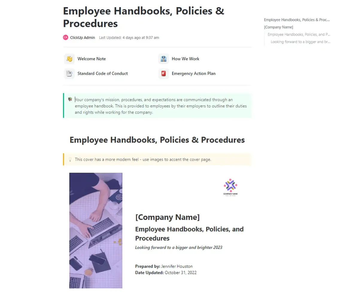 Establezca expectativas claras y oriente a los empleados sobre cómo realizar su trabajo con las plantillas de manuales, políticas y procedimientos para empleados de ClickUp.