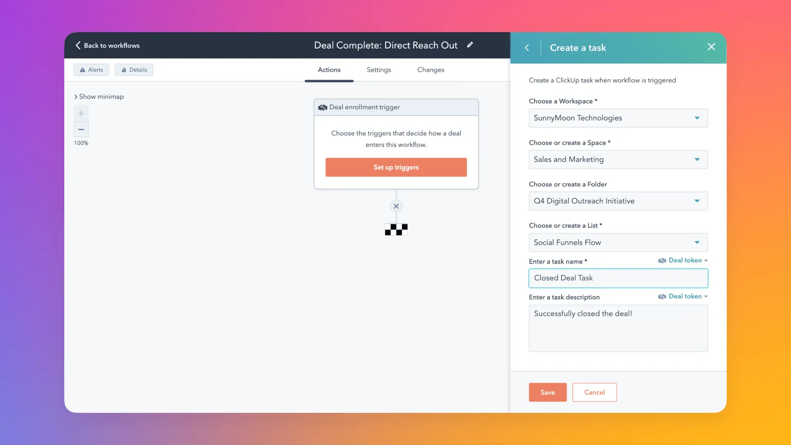 La integración de HubSpot y ClickUp le permite crear una tarea de ClickUp directamente desde su cuenta de HubSpot.