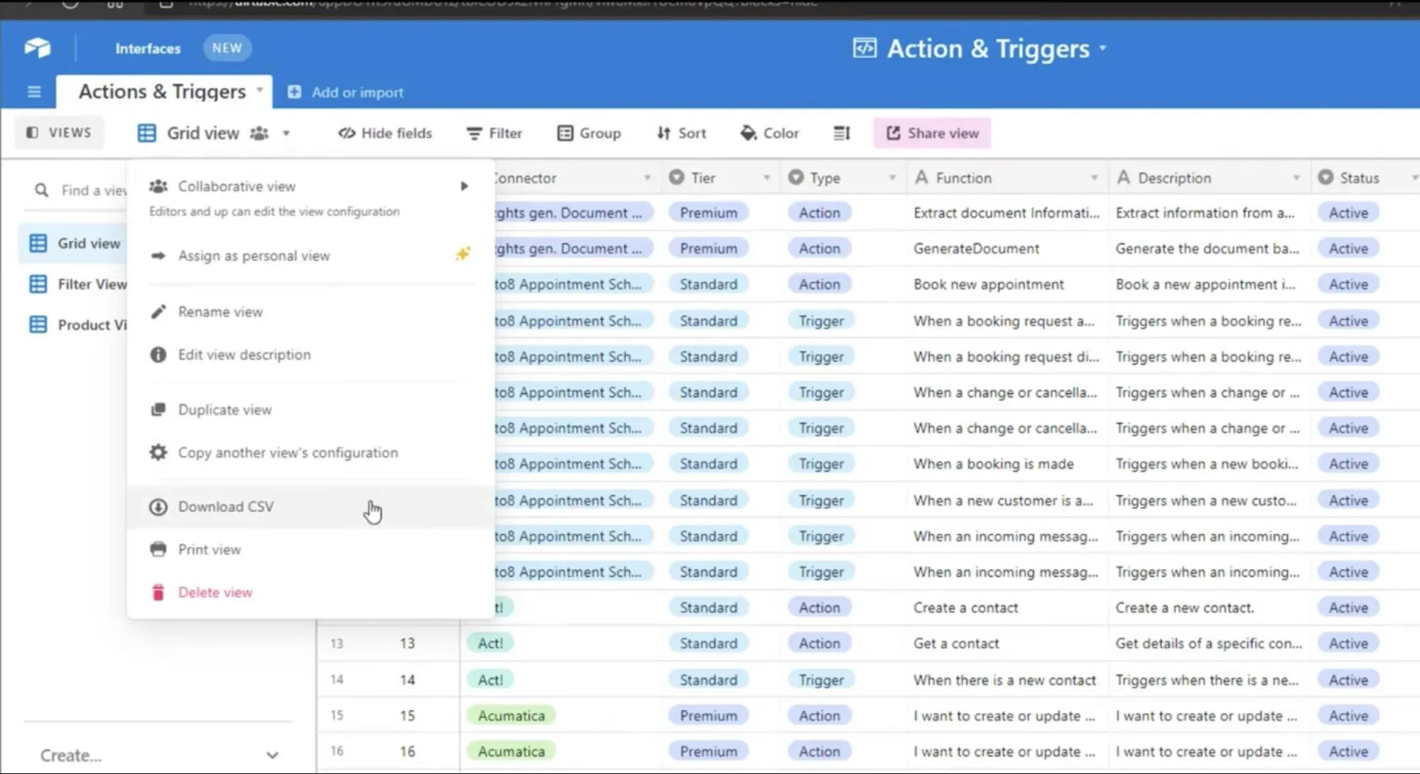 Um Airtable nach Excel zu exportieren, klicken Sie auf die Schaltfläche „Ansicht“ und wählen Sie die Option „CSV herunterladen“ aus dem Ausklapp-Menü sowohl in der Web-App als auch in der Desktop-App.