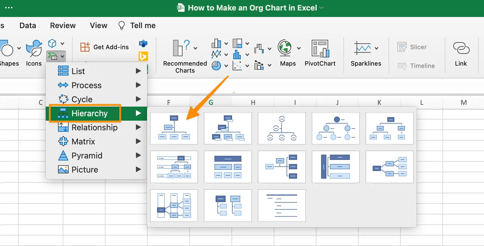 sử dụng hình dạng sơ đồ tổ chức từ tab chèn trong Excel