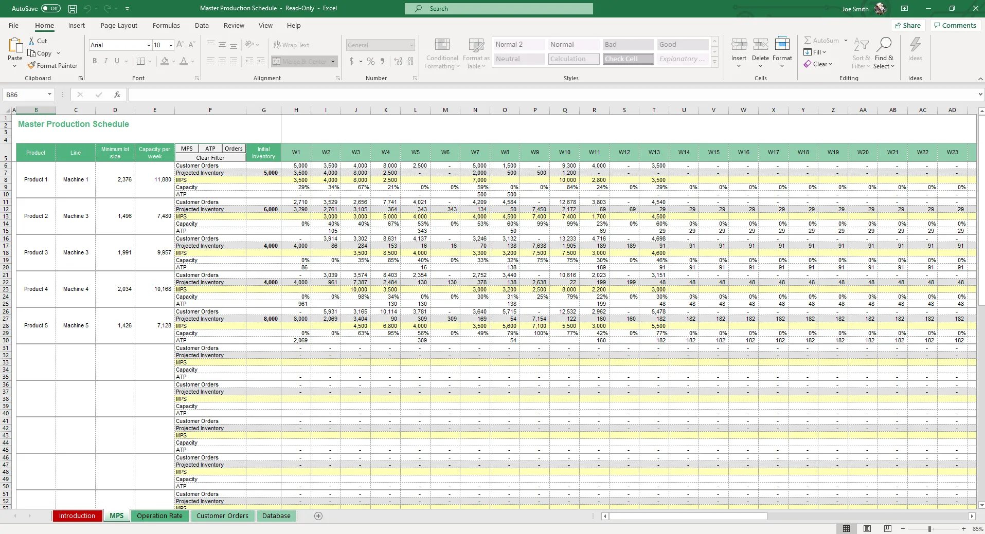 Hojas simples Excel Programación de producción