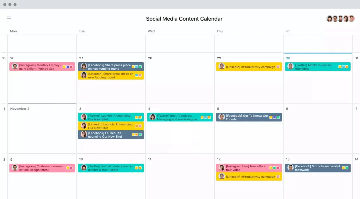 Modello di calendario social media Asana